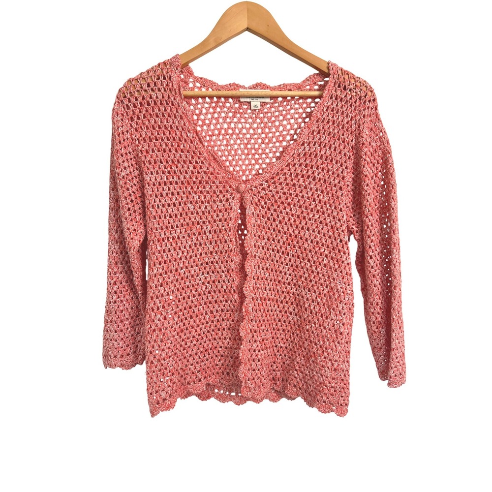 Norm Thompson Y2K Crochet Open Knit Cardigan M Linen Cotton Single Button